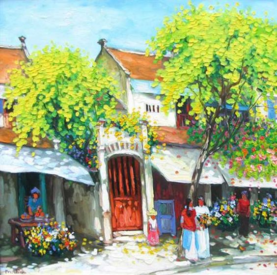 tranh phố cổ Hà Nội mua hoa ngày quốc tế phụ nữ kèm khung 26