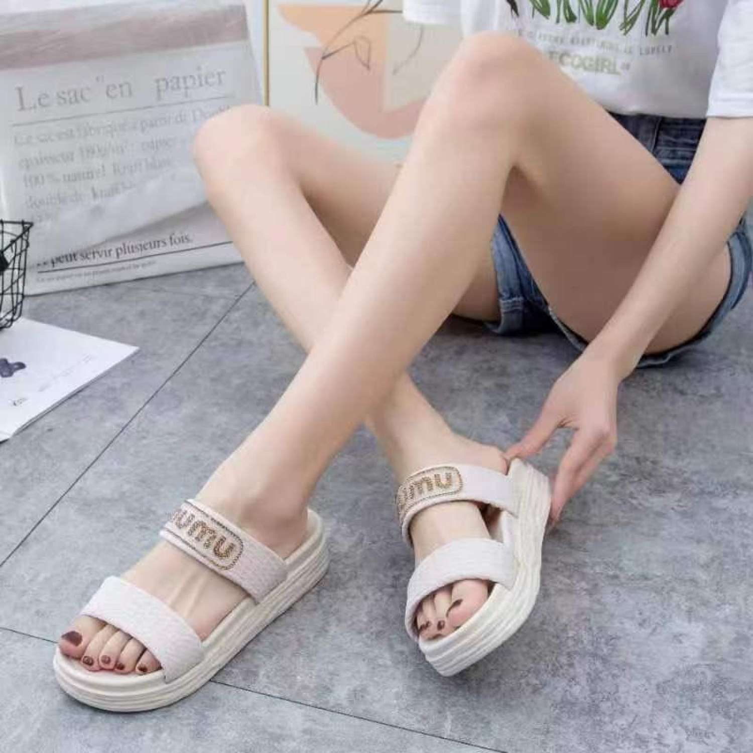 Dép Thời Trang Nữ MUMU 2 Quai Vải Đính Cườm Đế 4cm-Tăng 1 Size