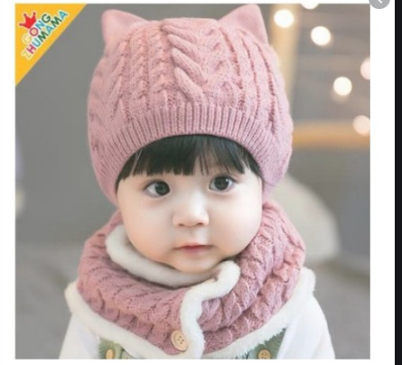 Mũ len kèm khăn quàng giữ ấm cổ cho bé trai bé gái có cúc bấm