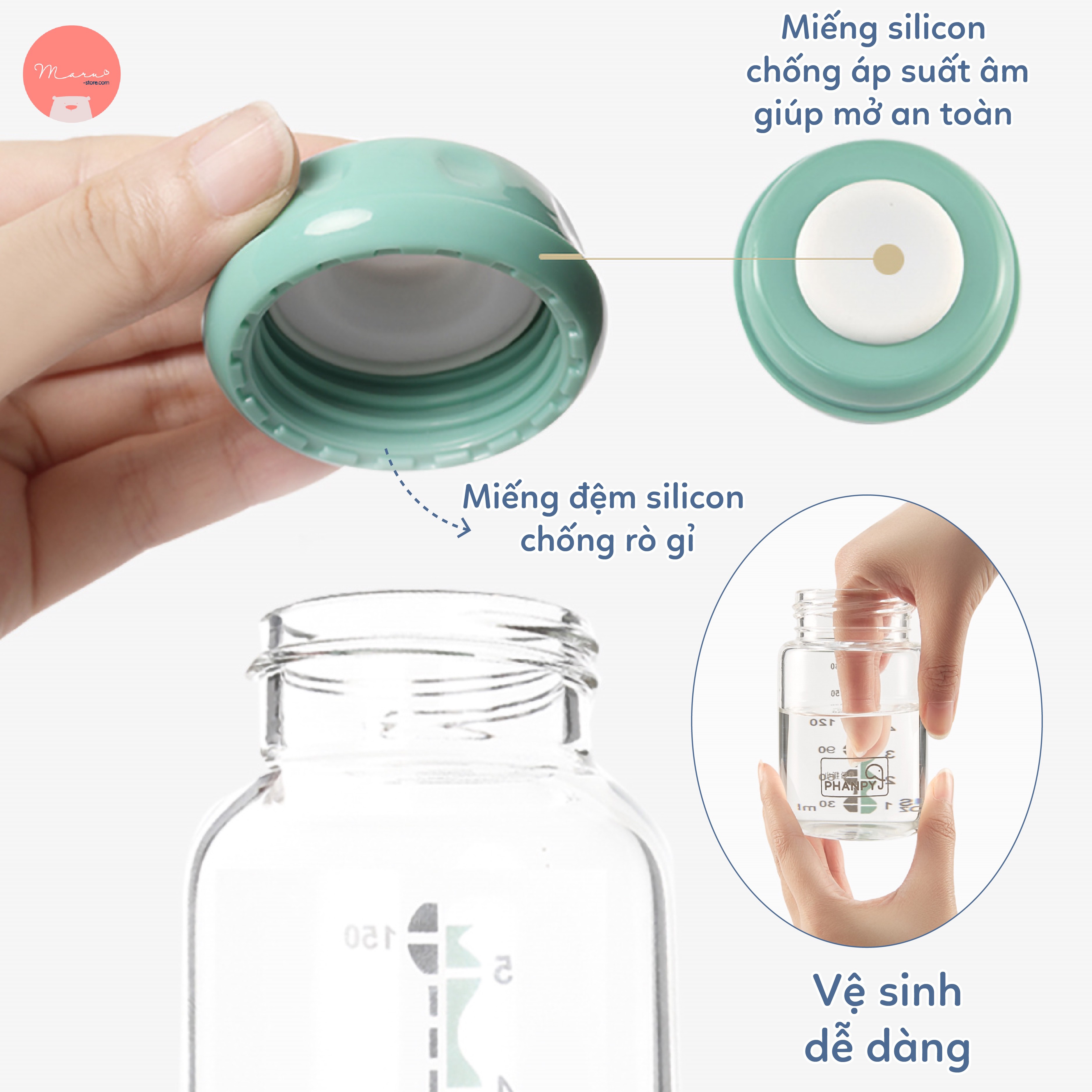 [Có sẵn] Bình đựng sữa thuỷ tinh 180ml PHANPY (bộ