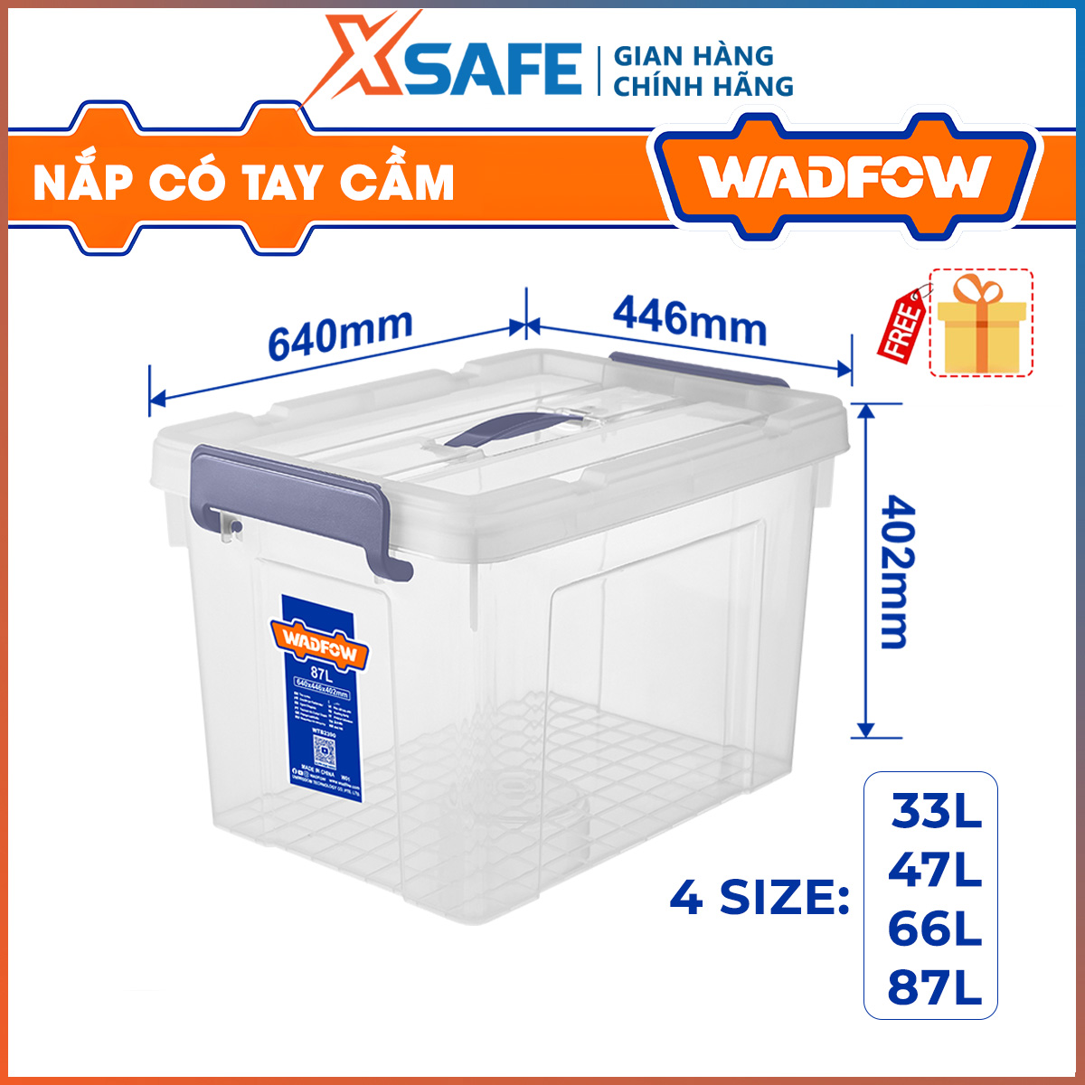 Wadfow storage clear plastic box thickness 33-87l pp plastic lock pp lid with handle-authentic