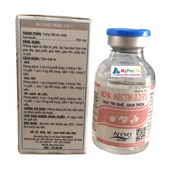 Nova Mectin 0.25% 20ML - ghẻ, giun tròn