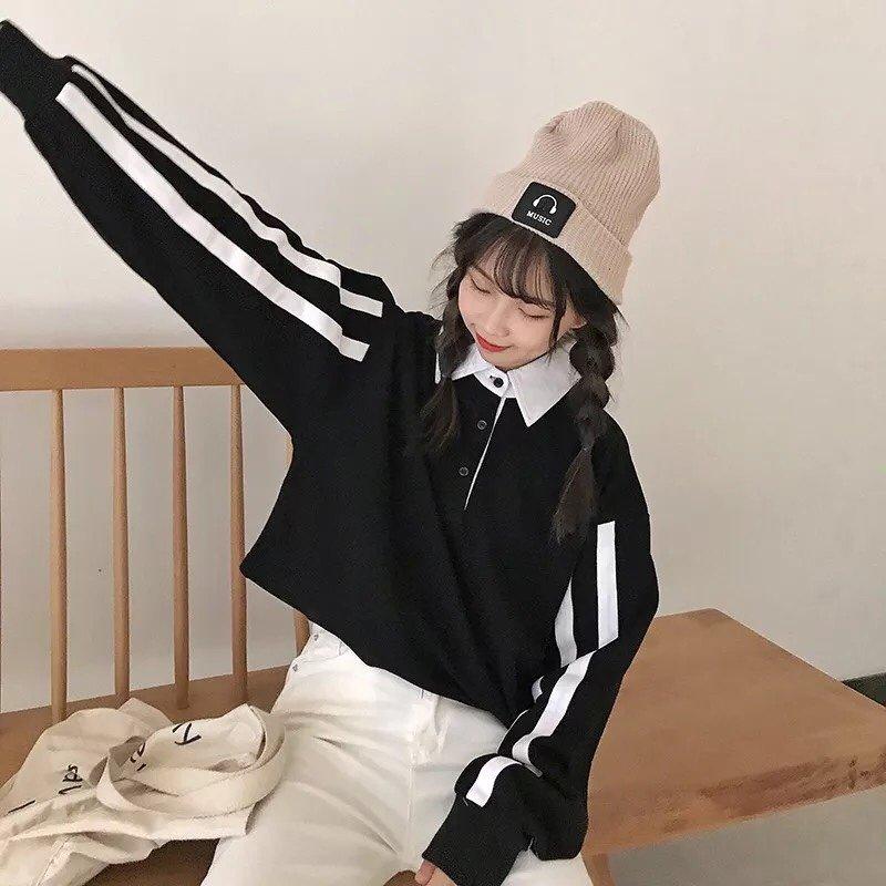 Áo thun tay dài có cổ phối hai màu kết hợp 2 viền tay cực xinh TTS0119