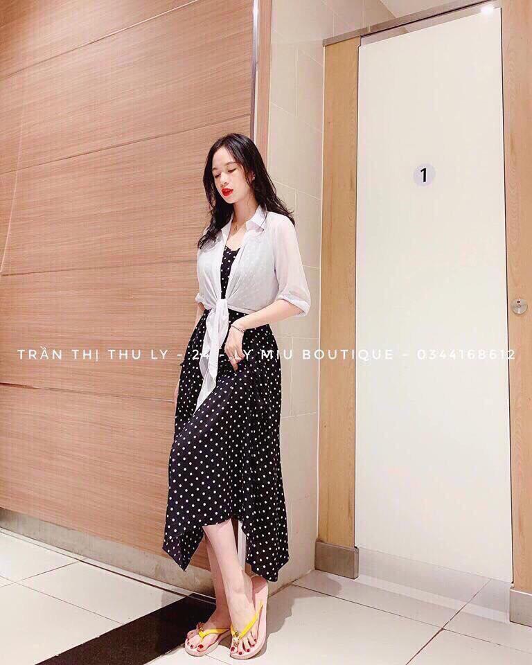 Đầm 2 dây chấm bi kèm áo sơ mi phong cách HÀN BQFS