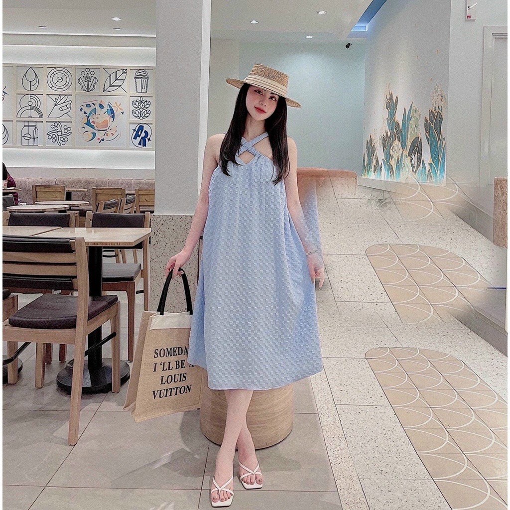 Maxi đi biển dự tiệc, Đầm váy Maxi dáng xòe hở lưng 2 dây chéo, váy suông dáng rộng