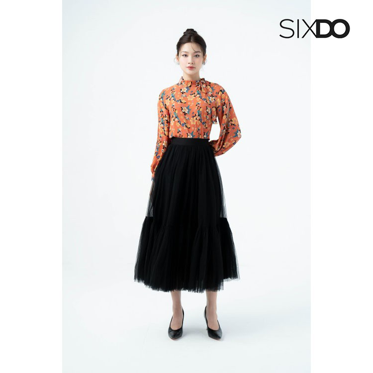 Áo nữ dài tay dây cổ cách điệu SIXDO (Red Orange Floral Chiffon Top)