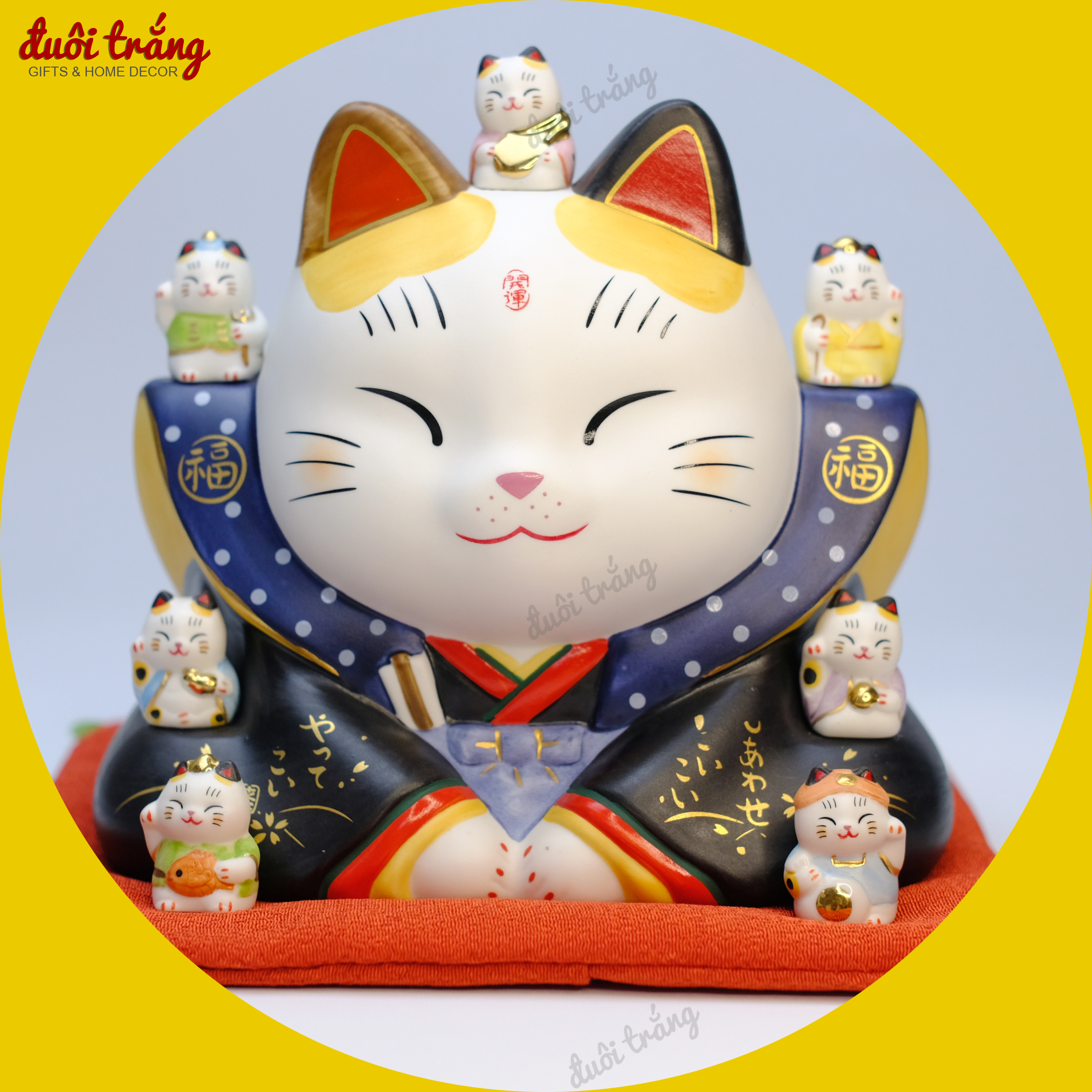 Mèo Thần tài Fukusuke - Thất Phúc Thần cao 23cm - Hãng thủ công Yakushigama Nhật Bản