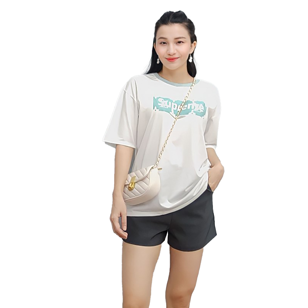 Combo áo thun nữ màu trắng, phom rộng free size từ 40kg tới 65kg, màu trắng logo ngẫu nhiên.