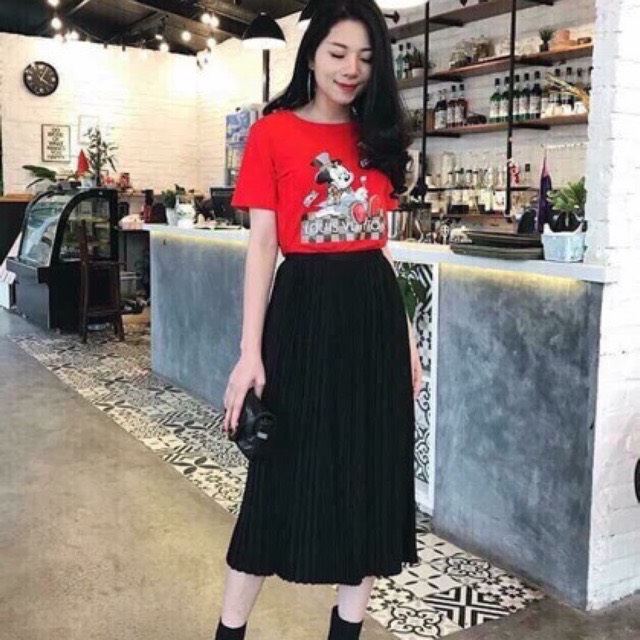 (ảnh thật) Chân váy lụa xếp ly dáng dài lưng chun co giãn