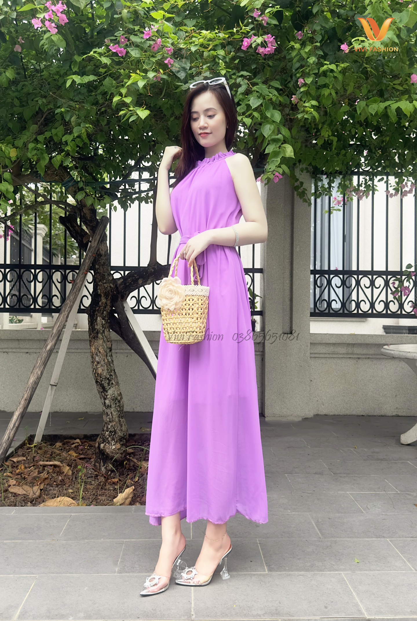 ĐẦM MAXI TÍM LỤA CHIFFON CAO CẤP ĐI BIỂN, ĐẦM MAXI TÍM THẮT EO