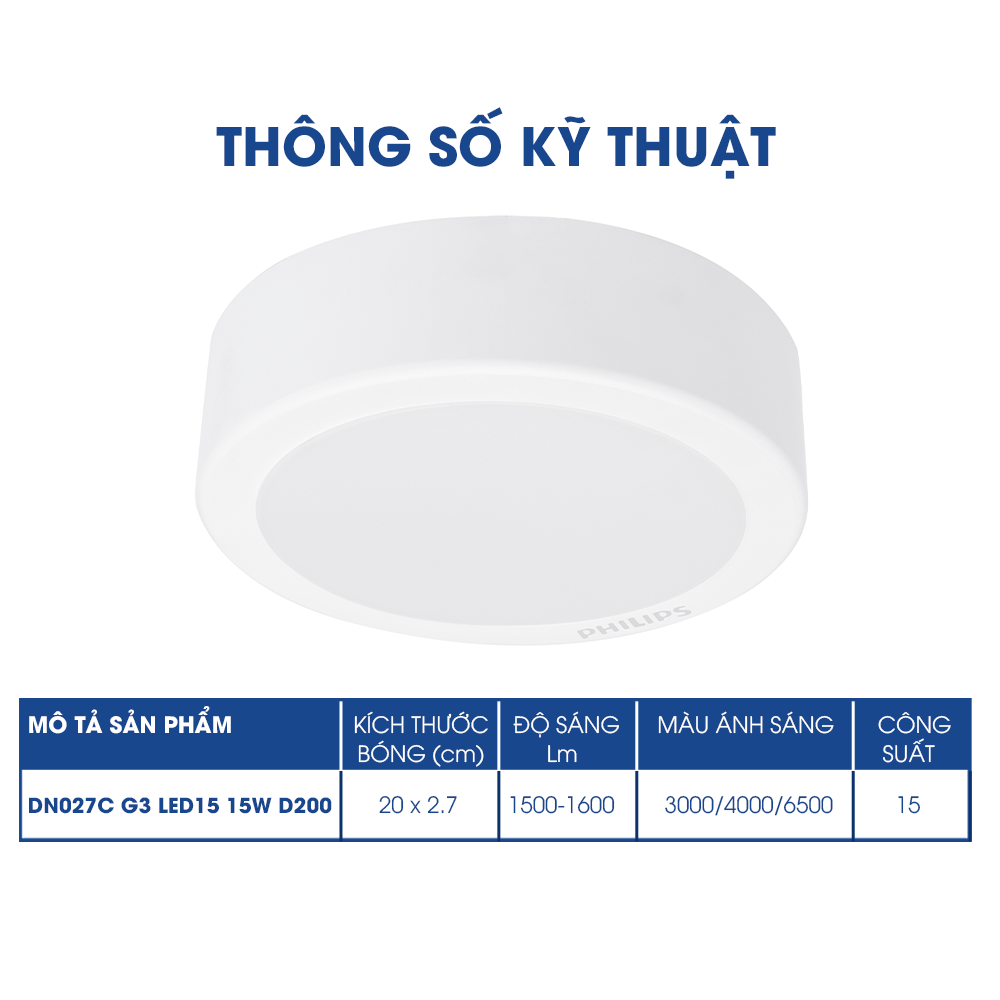 Bộ đèn ốp trần, ốp nổi PHILIPS LED tròn lắp nổi DN027C Công suất (9W, 12W, 15W, 19W)