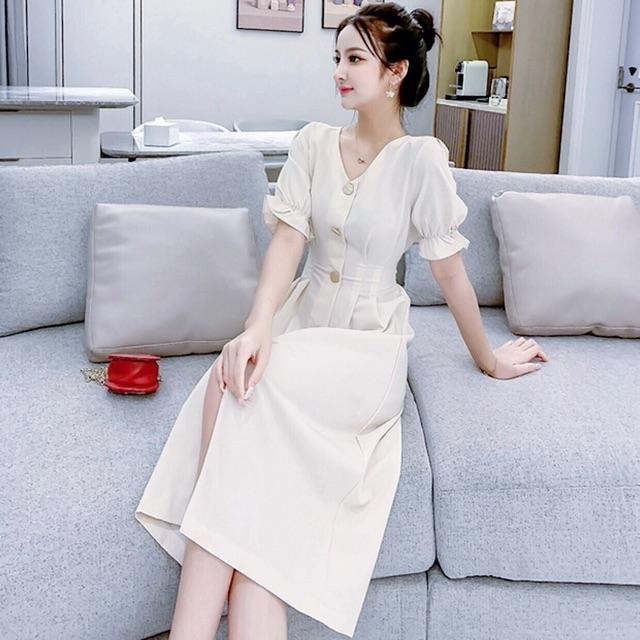 [HCM]Đầm trắng xếp li eo tay nhúng