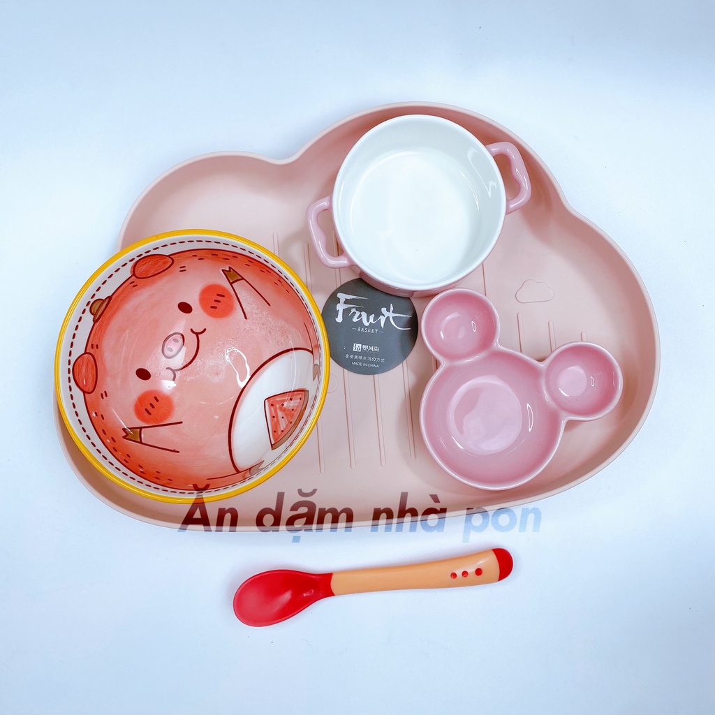Combo Bát Ăn Dặm Gốm Sứ Cho Bé,Sét Bát Kèm Khay và Thìa