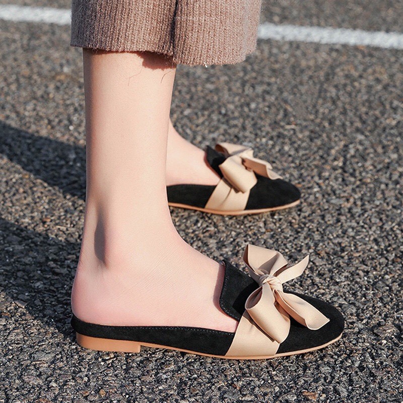 [Mã FASHIONG10 giảm 10k đơn 50k] Giày Mules Nơ Da Lộn Giày Lười Nữ G15