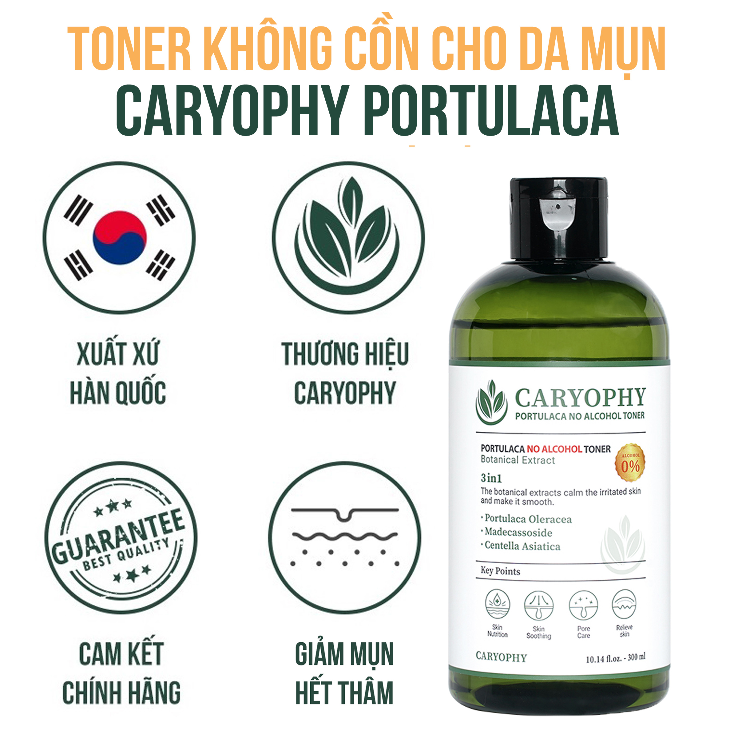 Combo chăm sóc da giảm mụn mờ thâm Caryophy Portulaca (Serum giảm mụn 10ml - Toner không cồn 300ml)