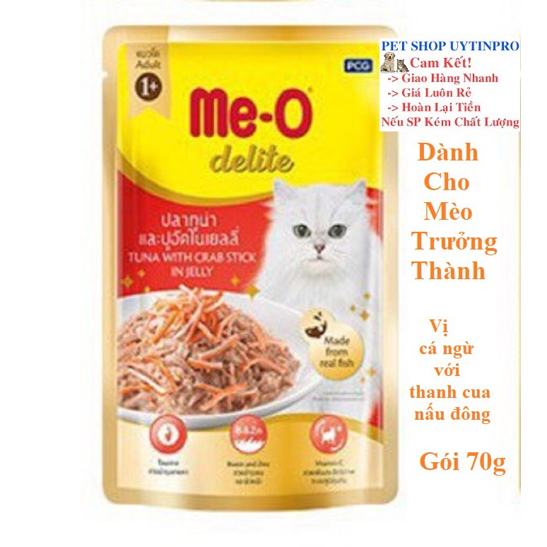 [Hoàn tiền 10%]  THỨC ĂN CHO MÈO Me-O delite Dạng Pate Vị cá ngừ với thanh cua nấu đông Gói 70g Xuất xứ Thái Lan - Pet shop Uytinpro