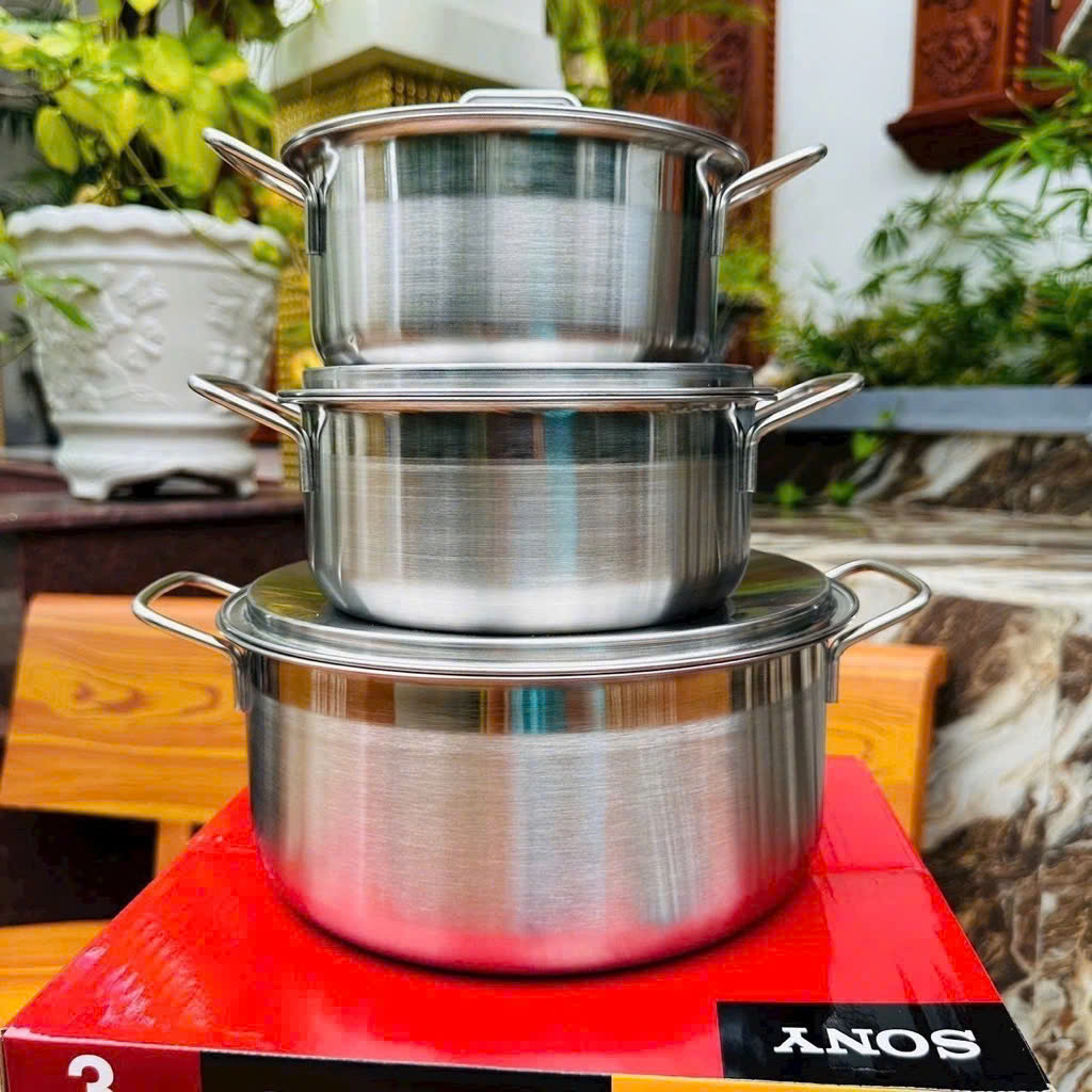 (Dùng Được Bếp Từ )Bộ 3 Nồi Inox Cao Cấp (3 Size 16CM-18CM-24CM ). Bộ 3 Nồi Sony Đa Năng