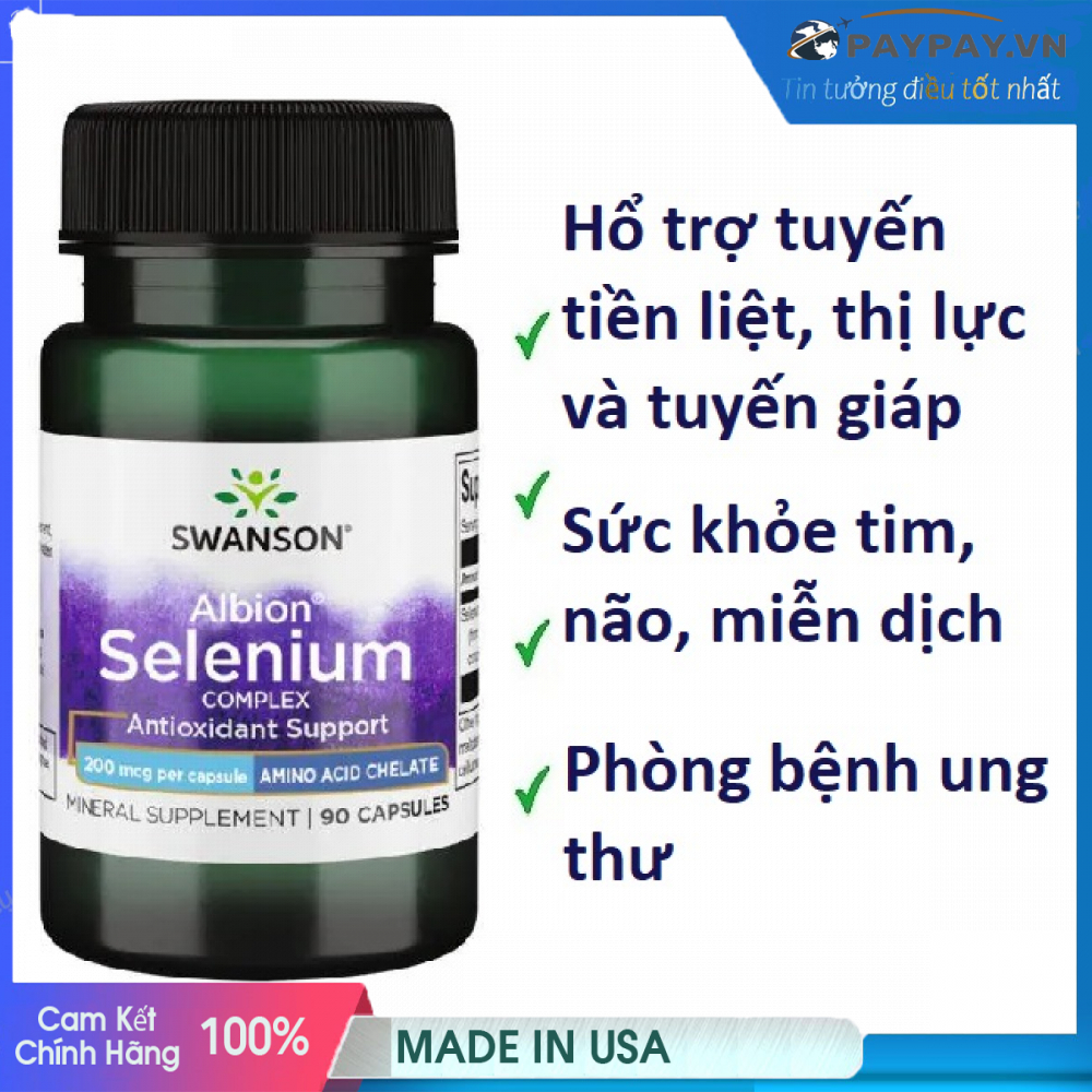 Viên uống Swanson Selenium hỗ trợ sức khỏe tuyến giáp mắt tim não tuyến