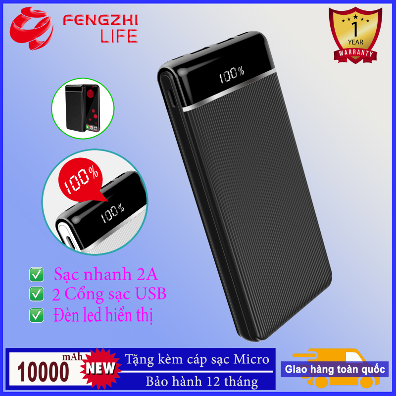 Giá Pin sạc dự phòng FENGZHI LIFE J352, Dung lượng pin 10000mAh, hỗ trợ sạc nhanh 2A, màn hình hiển thị phần trăm pin, hỗ trợ sạc Ios và android, pin kiểu dáng mỏng, đẹp