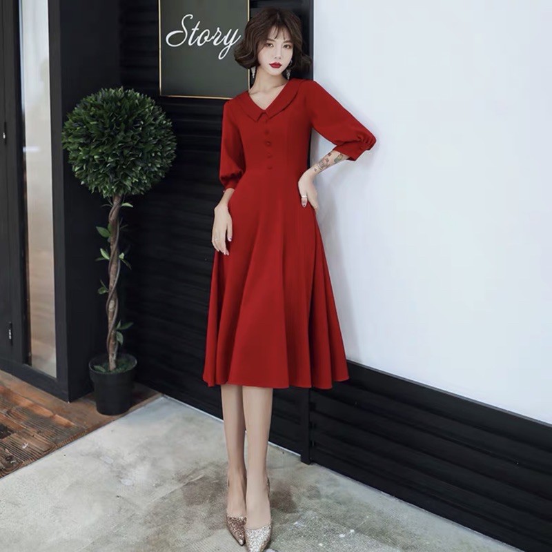 ĐẦM ĐỎ TAY DÀI, NÚT BỌC  (có ảnh thật) MS140