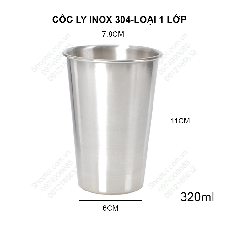 Cốc ly uống nước bằng inox 304 loại 1 lớp 320ml-500ml tùy chọn