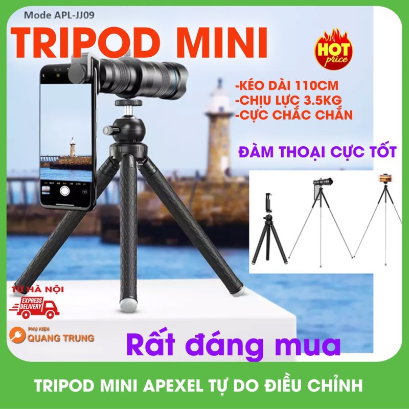 Tripod mini apexel chân máy ảnh siêu cứng chắc APL - JJ09 dài lên đến 110 cm tặng kẹp điện thoại