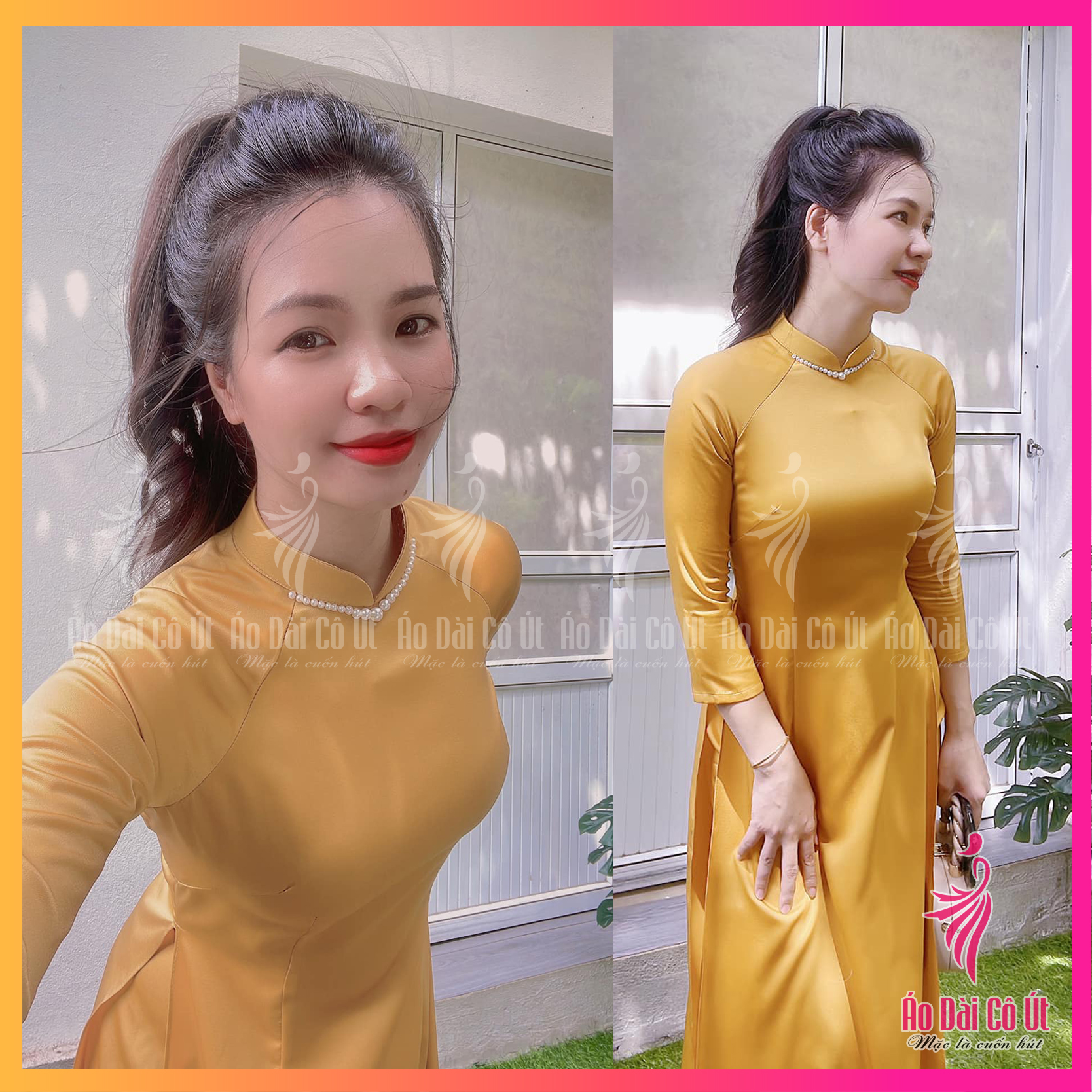 Áo dài truyền thống vải lụa tây thi cổ đính ngọc