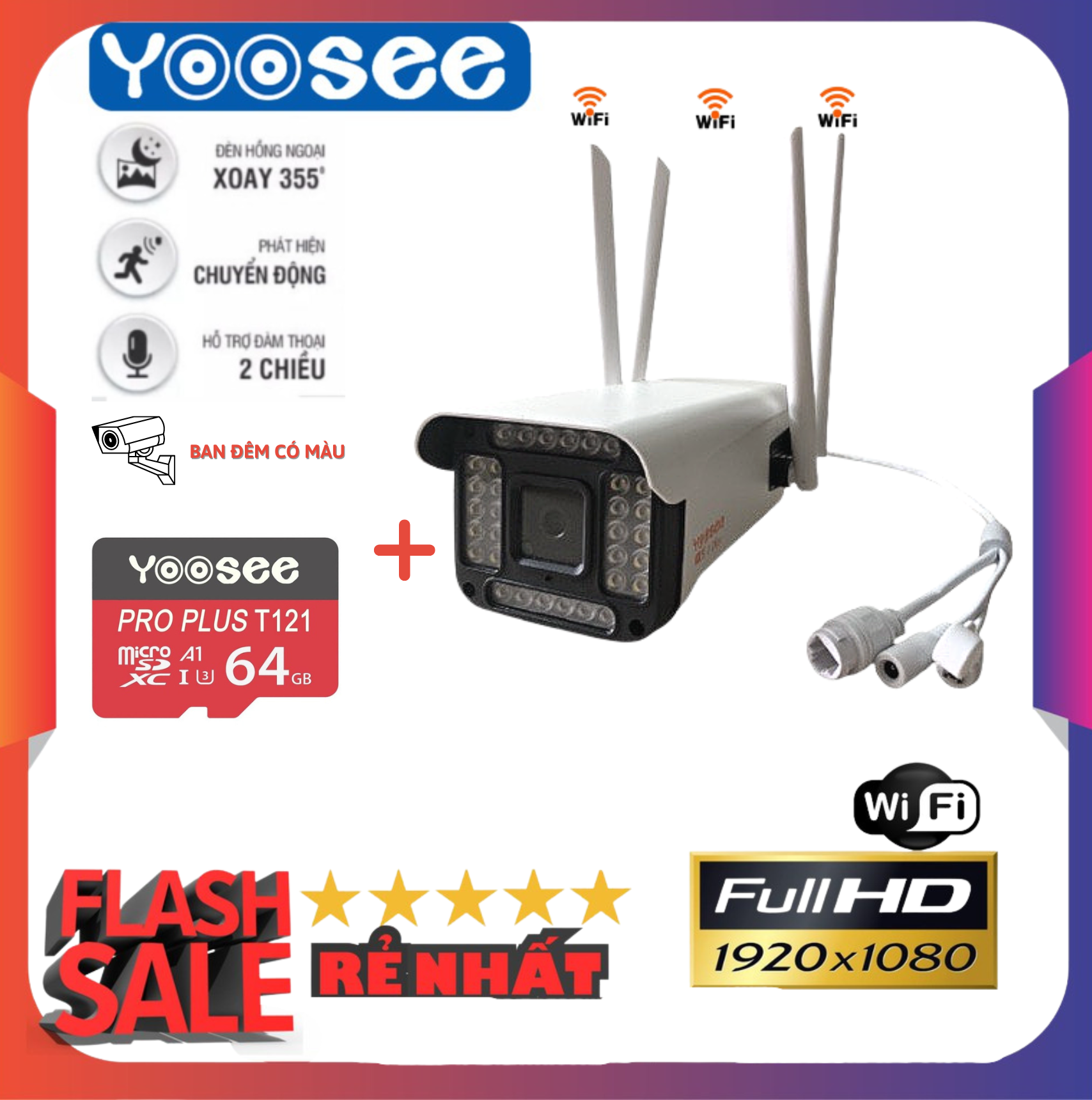 Camera YOOSEE 5.0mpx ngoài trời kháng nước đàm thoại 2 chiều, ban đêm có màu - Bảo hành 6 tháng