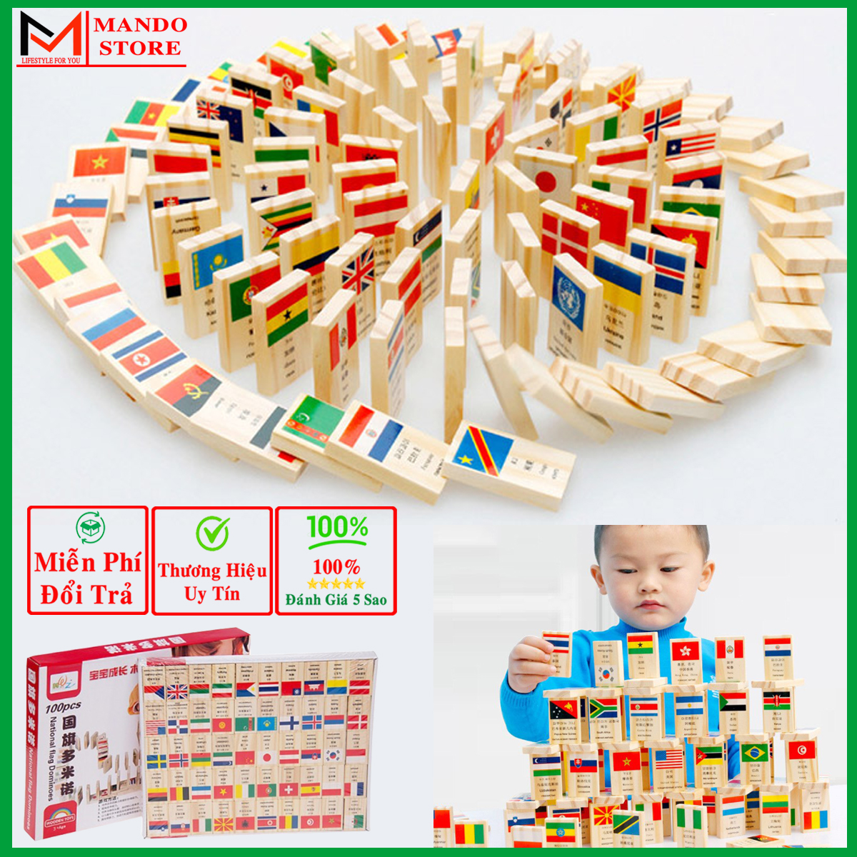 Bộ 100 quân cờ domino cờ các quốc gia, xếp hình tập nhận biết quốc kì, đồ chơi domino bằng gỗ tự nhiên cao cấp