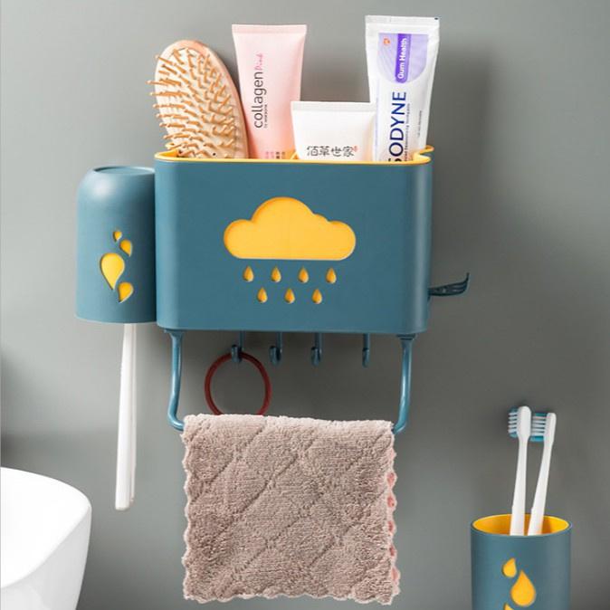 Ống Đựng Đũa Dán Tường- Kệ Đựng Muỗng Đũa Dán Tường Hình Đám Mây, Có Khay Treo Khăn Và Móc Treo Tiện Lợi, Chống Thấm Tốt, Giá Kệ Dán Tường Để Đũa Muôi Thìa