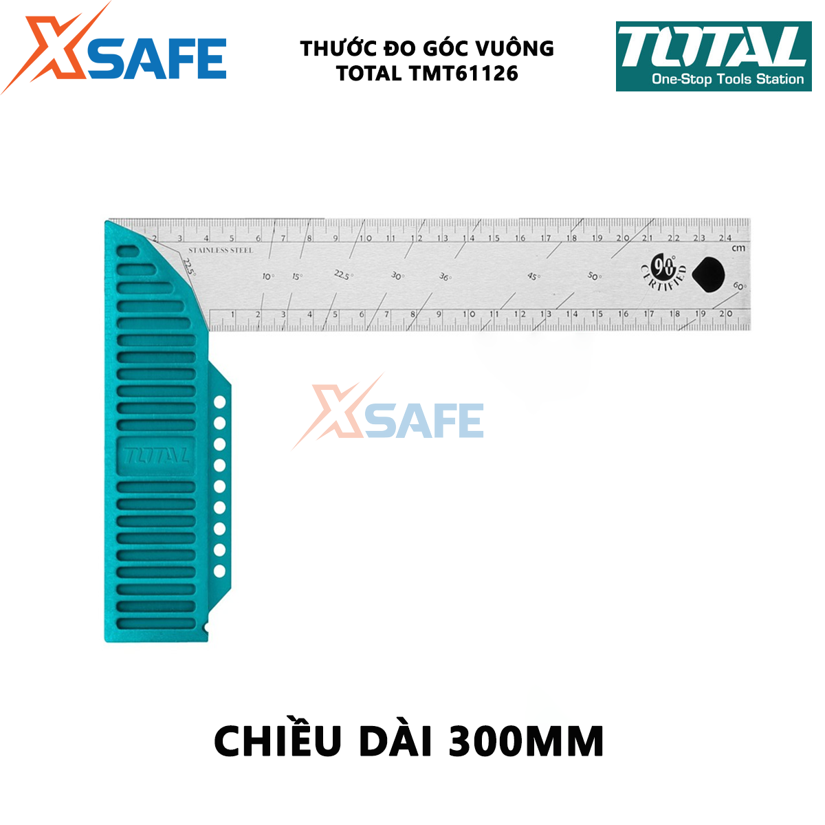Thước đo góc vuông TOTAL TMT61126 | Thước eke vuông Chiều dài 300mm (12 ), Chiều rộng lưỡi dao 40mm, Độ dày lưỡi:1,5mm, Lưỡi thép không gỉ, để đo góc vuông vát cạnh đo bên trong và bên ngoài