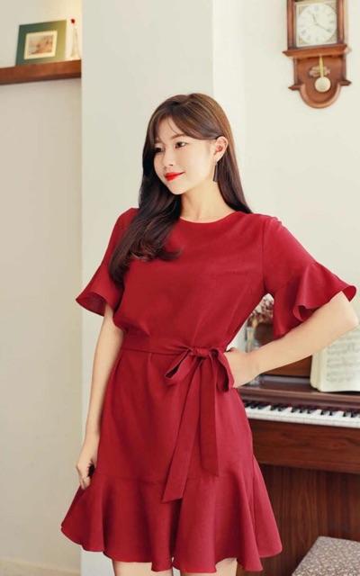 Đầm đỏ cột eo (kèm hình thật)