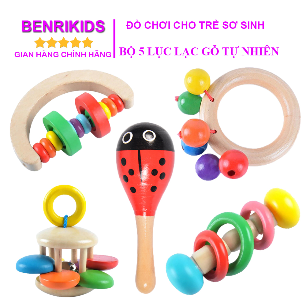Đồ cho gỗ cho bé, combo 5 lục lạc xúc xắc bằng gỗ sồi benrikids cho bé từ 0 đến 1 tuổi, đồ chơi an toàn trẻ em