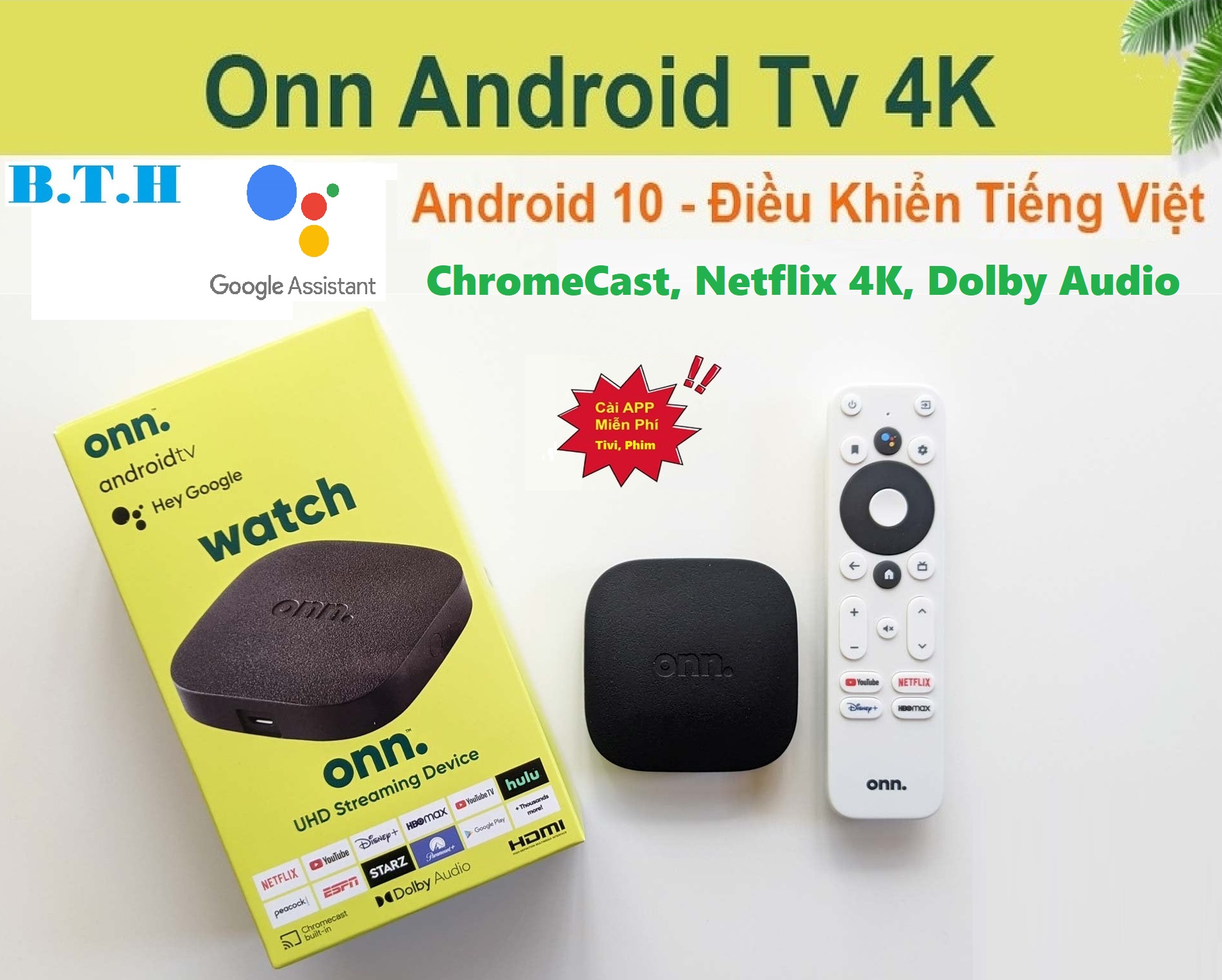 Android Tivi Box Onn Android TV 10 Remote giọng nói tìm kiếm Tiếng Việt phát 4K UHD HDR Google Cast ChromeCast, Netflix 4K, Dolby Audio, mạnh mẽ, gọn nhẹ