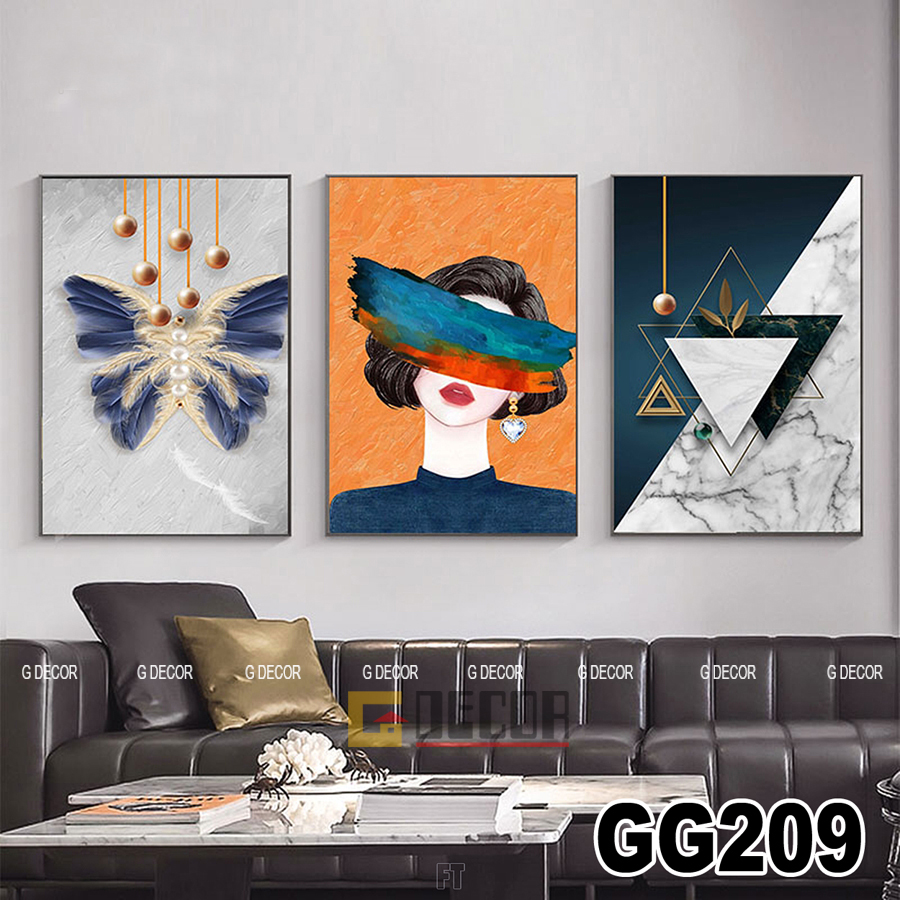 Tranh treo tường canvas khung gỗ 3 bức phong cách hiện đại Bắc Âu 209, tranh cô gái trang trí phòng khách,phòng ngủ, spa(40x60cm)