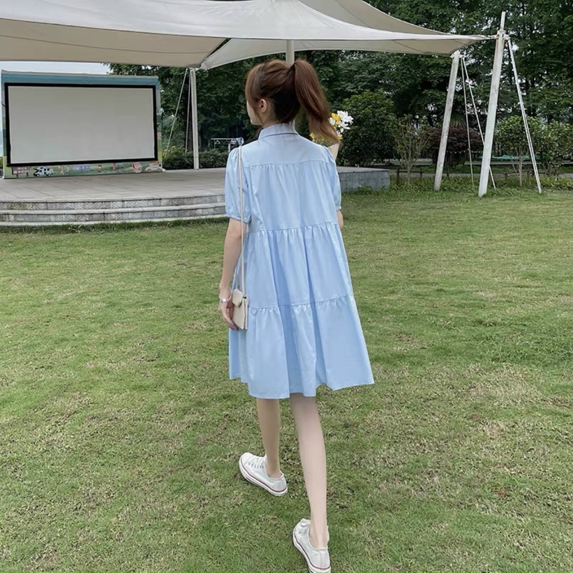 Đầm babydoll xanh biển cổ sơ mi