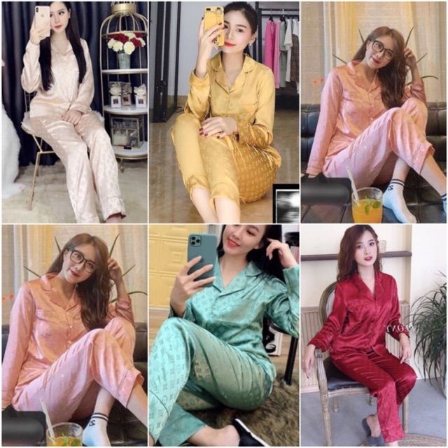 Bộ lụa satin quần dài- áo dài thời trang, mặc sau sinh