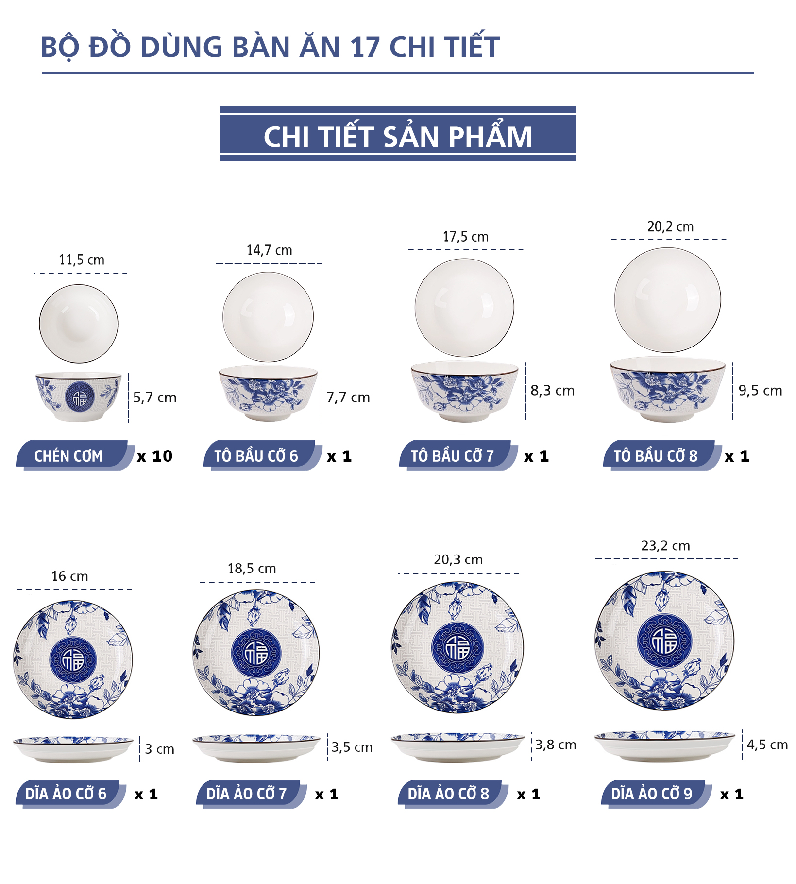 Bộ tô, chén, dĩa gốm sứ hoa văn Chữ Phúc (Gồm 3 Tô bầu, 4 Dĩa, 10 Chén cơm)+ Tặng 10 đôi đũa nhựa Cao Phong