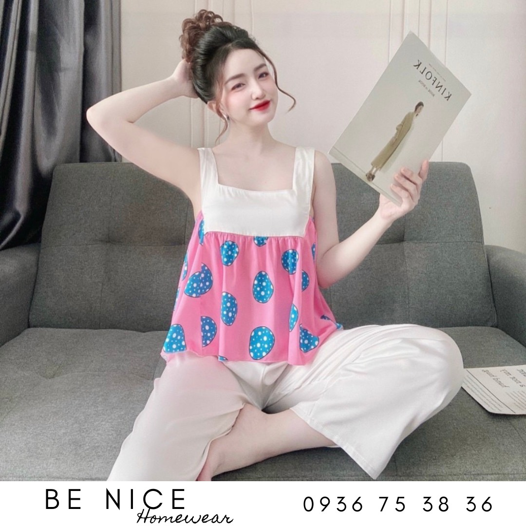 Set lụa dài mặc nhà cổ vuông bản to