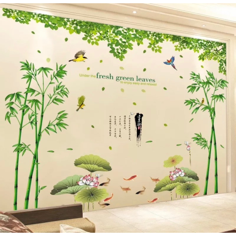 Decal dán tường trúc sen và tán lá