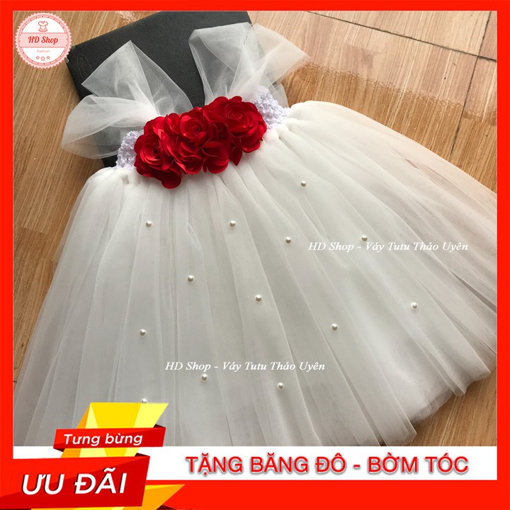 Váy tutu cho bé,️ Váy tutu trắng hoa hồng đỏ đính đá cho bé gái