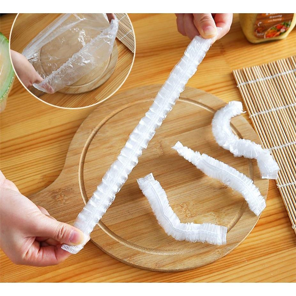 MÀNG BỌC THỰC PHẨM PE CÓ CHUN BỌC ĐỒ ĂN TÚI 100 CÁI