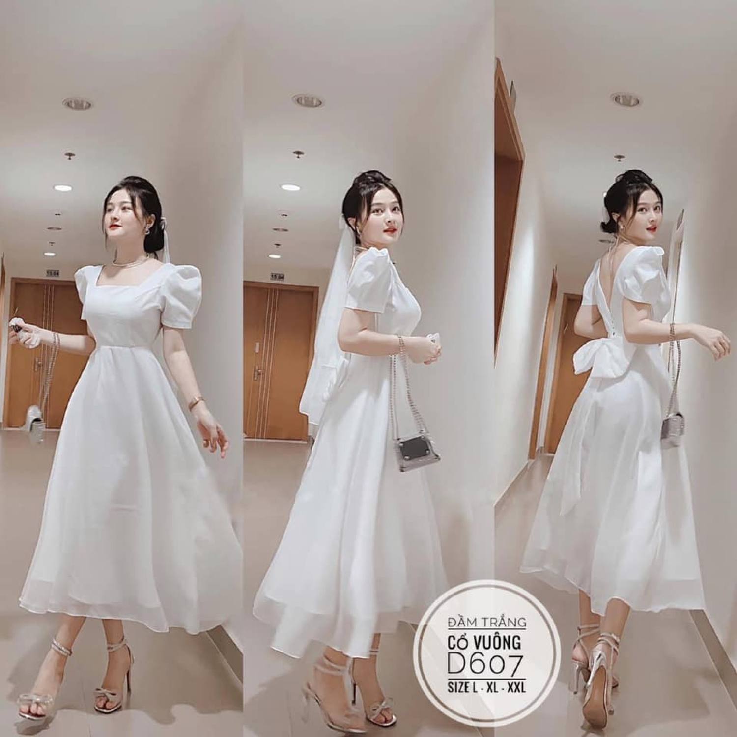 (CÓ ẢNH THẬT) BIGSIZE Đầm trắng cổ vuông D607 (Kèm kẹp voan cài tóc)