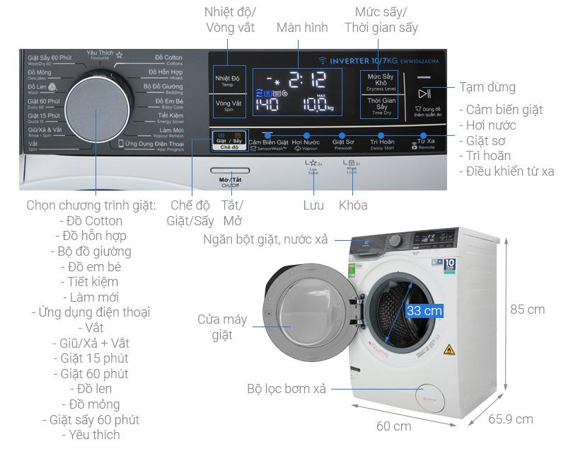 [Trả góp 0%]Máy giặt Electrolux EWW1042AEWA 10kg 7kg sấy
