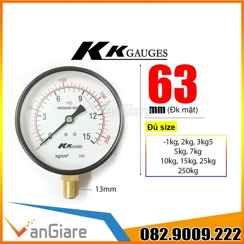Bảng giá Đồng hồ đo áp suất nước khí hơi KK Gauge (mặt 63mm) 1kg 2kg 3.5kg 5kg 10kg 15kg 25kg 50kg 250kg