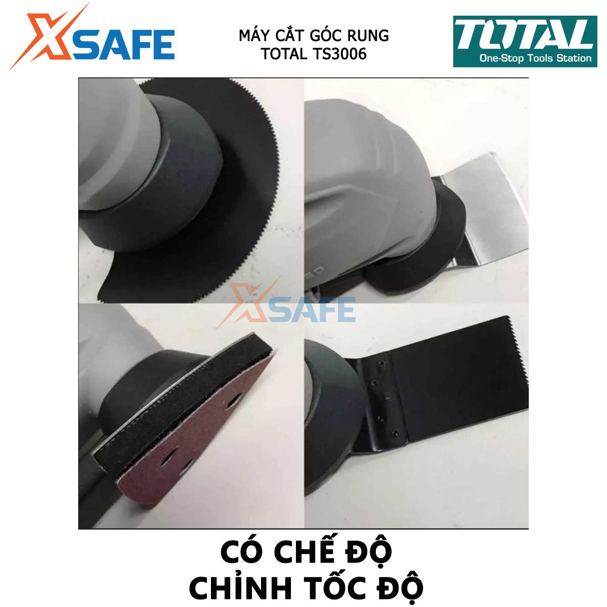 Máy cắt cầm tay Total TS3006 máy cắt góc rung 300W, tốc độ không tải 10000-20000r / phút, kèm dao cạo nhám, lưỡi cắt, lưỡi cưa phân khúc, giấy nhám đồng bằng và 3 giấy nhám, không kèm pin và sạc