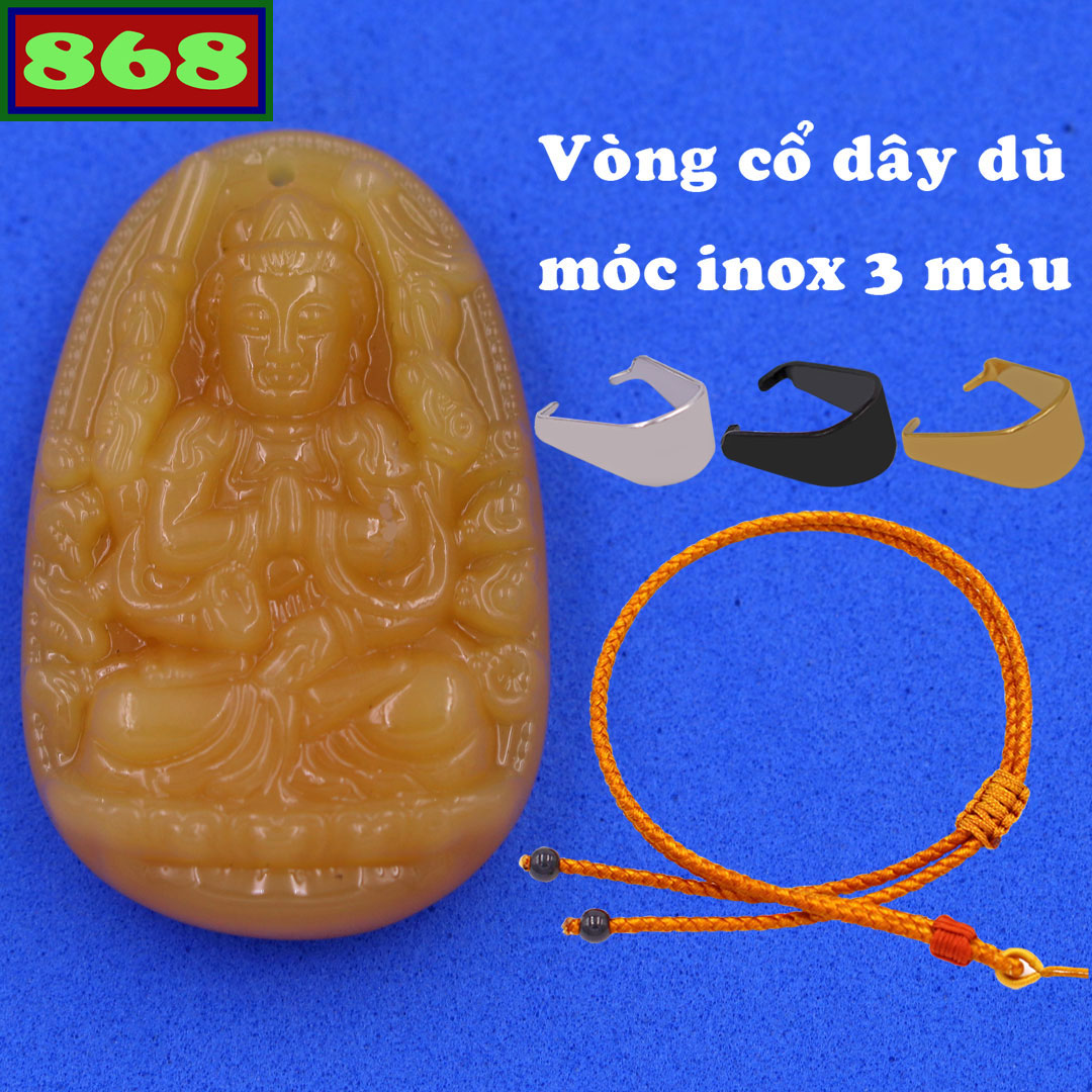 Mặt Phật Thiên Thủ Thiên Nhãn đá thạch anh vàng 3.6 cm, 5 cm kèm vòng cổ dây dù vàng, Phật bản mệnh, mặt dây chuyền Phật giáo