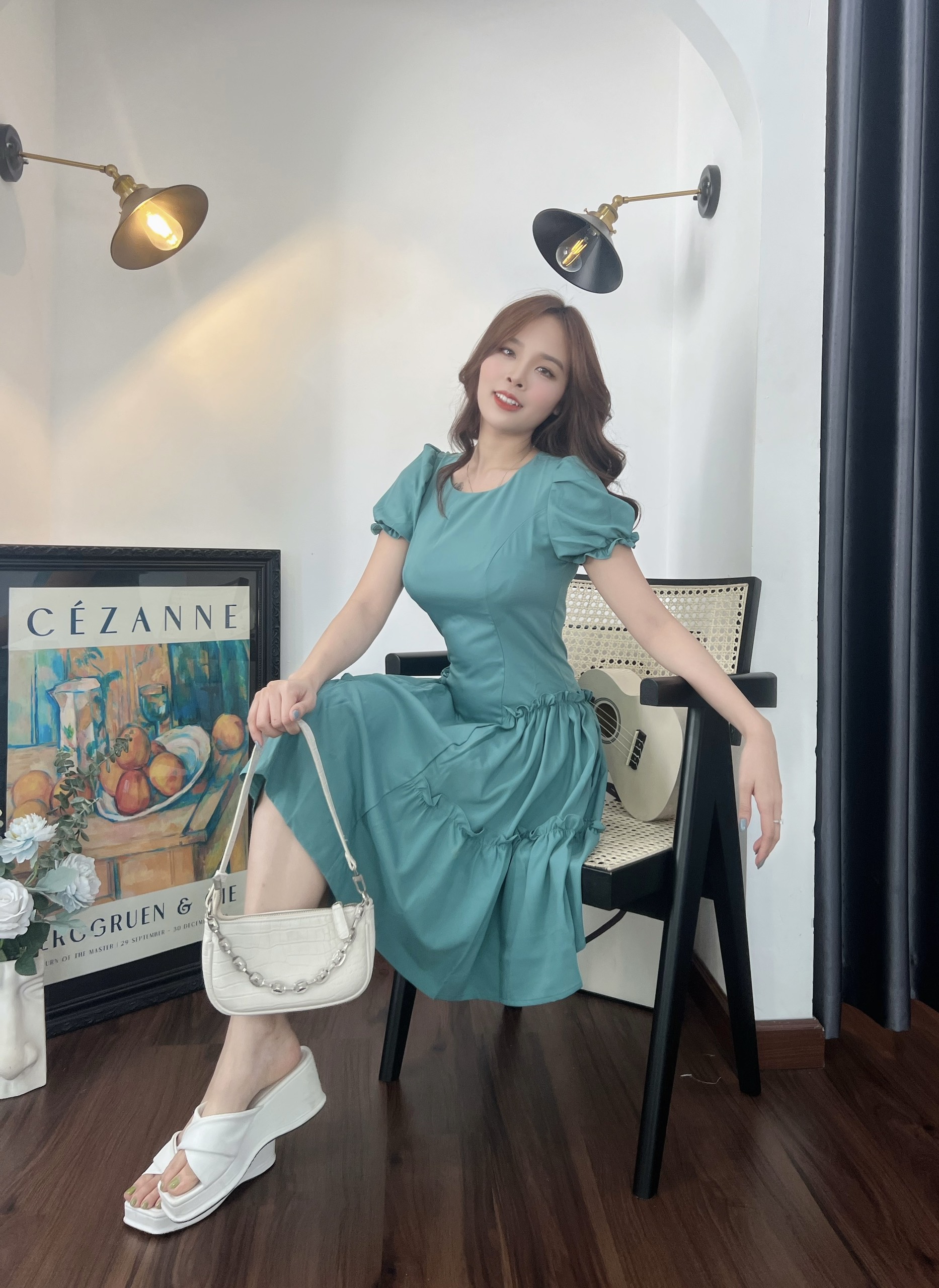 Đầm xòe phối bèo tay phồng bo thun - MS0219 (hình thật shop chụp)