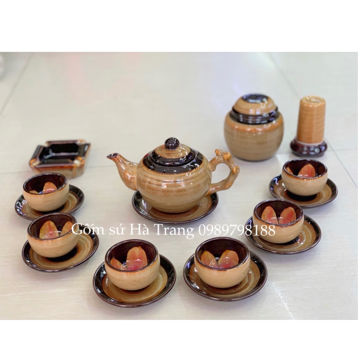 Bộ ấm chén gốc cây men hoả biến gấm lòng hoa gốm sứ Bát Tràng cao cấp dung tích 380ml