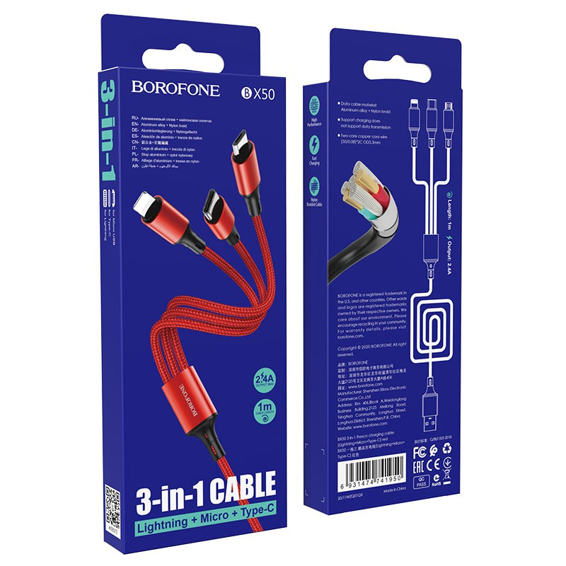 Cáp sạc 3 đầu ip/ Micro/ typeC Borofone BX50 Fresco dài 1m, max 2.4A